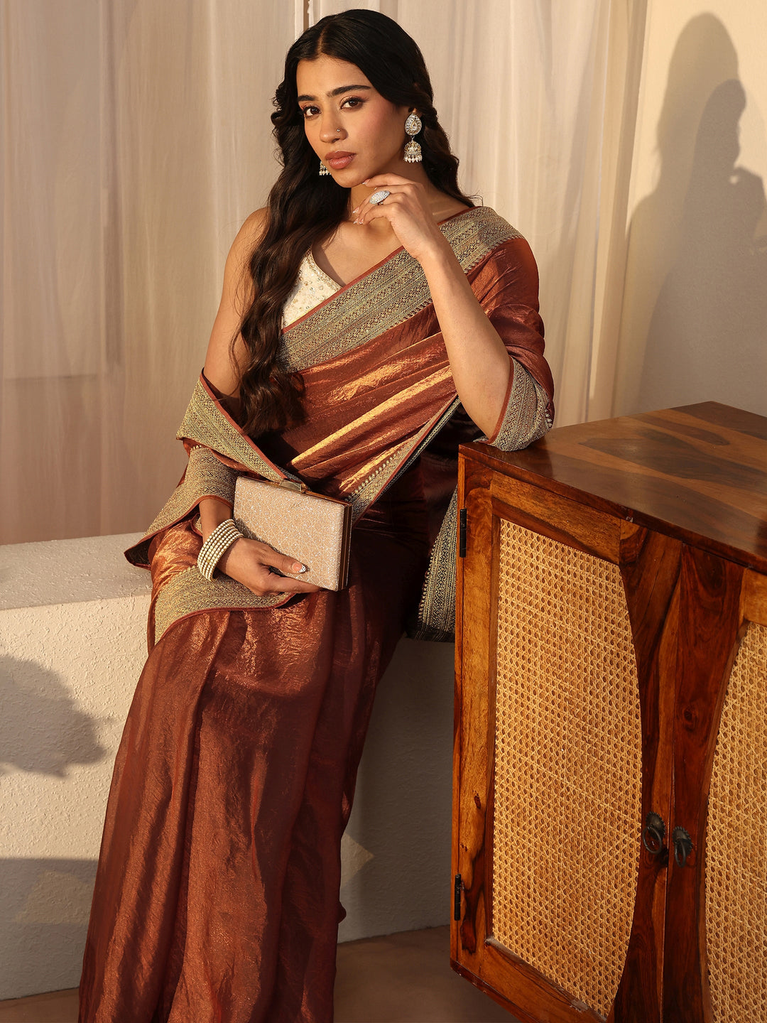 Brown Solid Glossy Tissue Saree