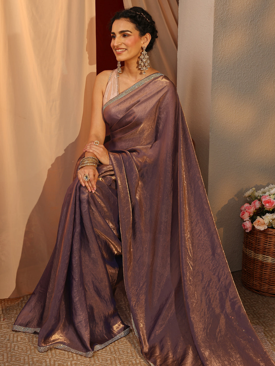 Brown Solid Satin Saree With Unstitched Blouse Piece