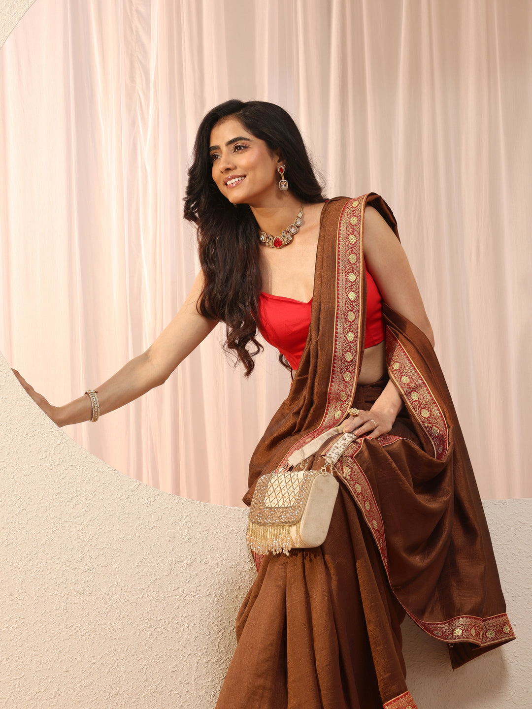 Brown Solid Silk Blend Saree