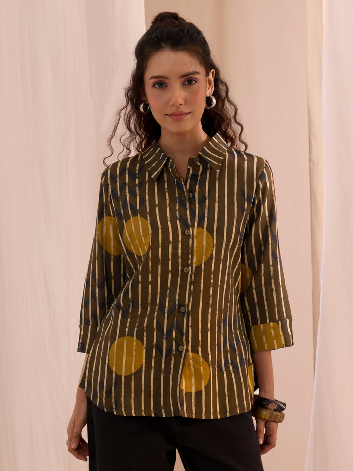 Libas Brown Striped Printed Cotton Shirt