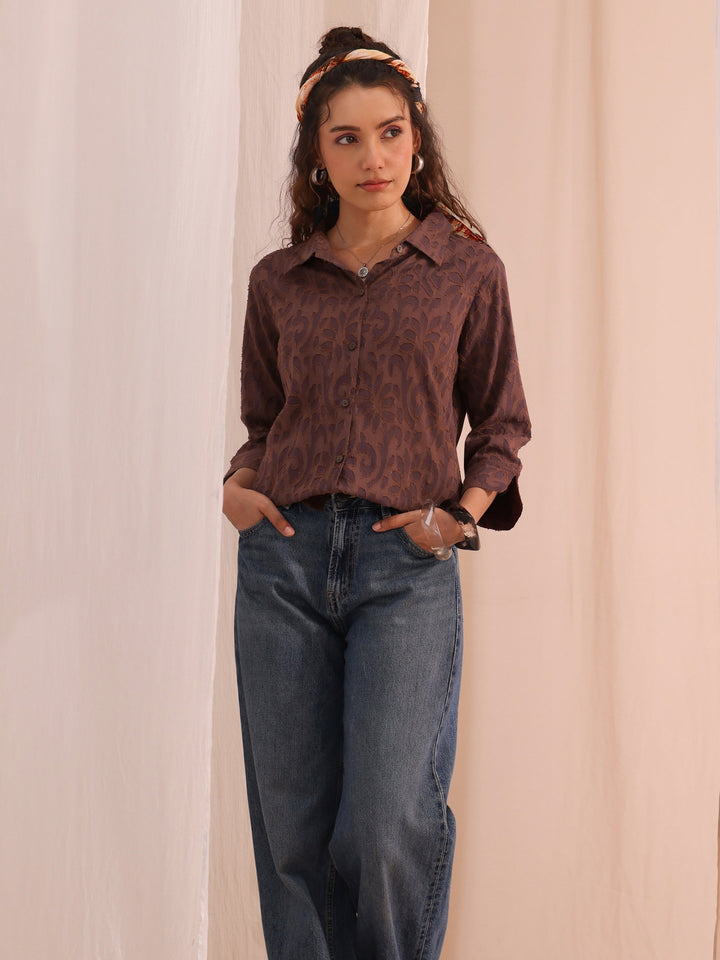 Libas Brown Textured Cotton Shirt