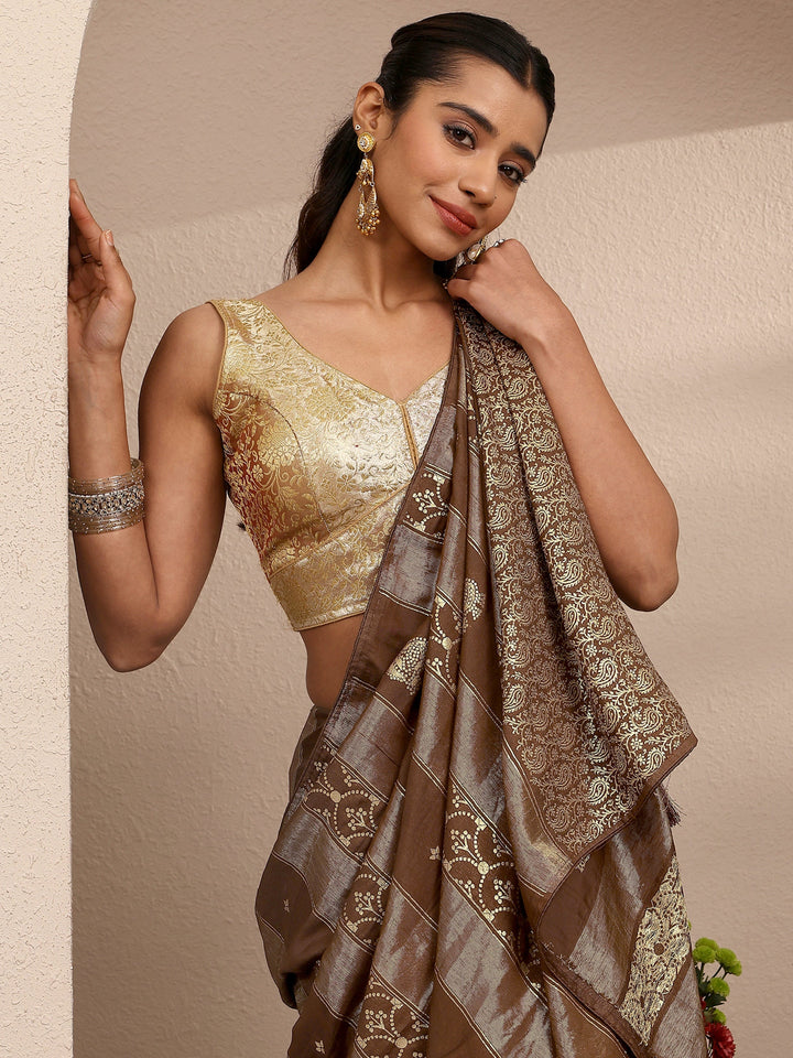 Brown Woven Design Banarsi Silk Blend Saree With Unstitched Blouse Piece