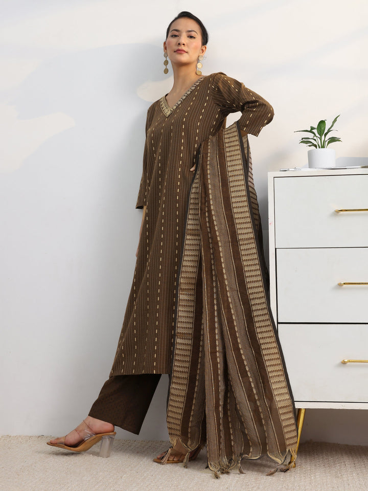 Brown Woven Design Cotton Blend Straight Suit Set With Dupatta