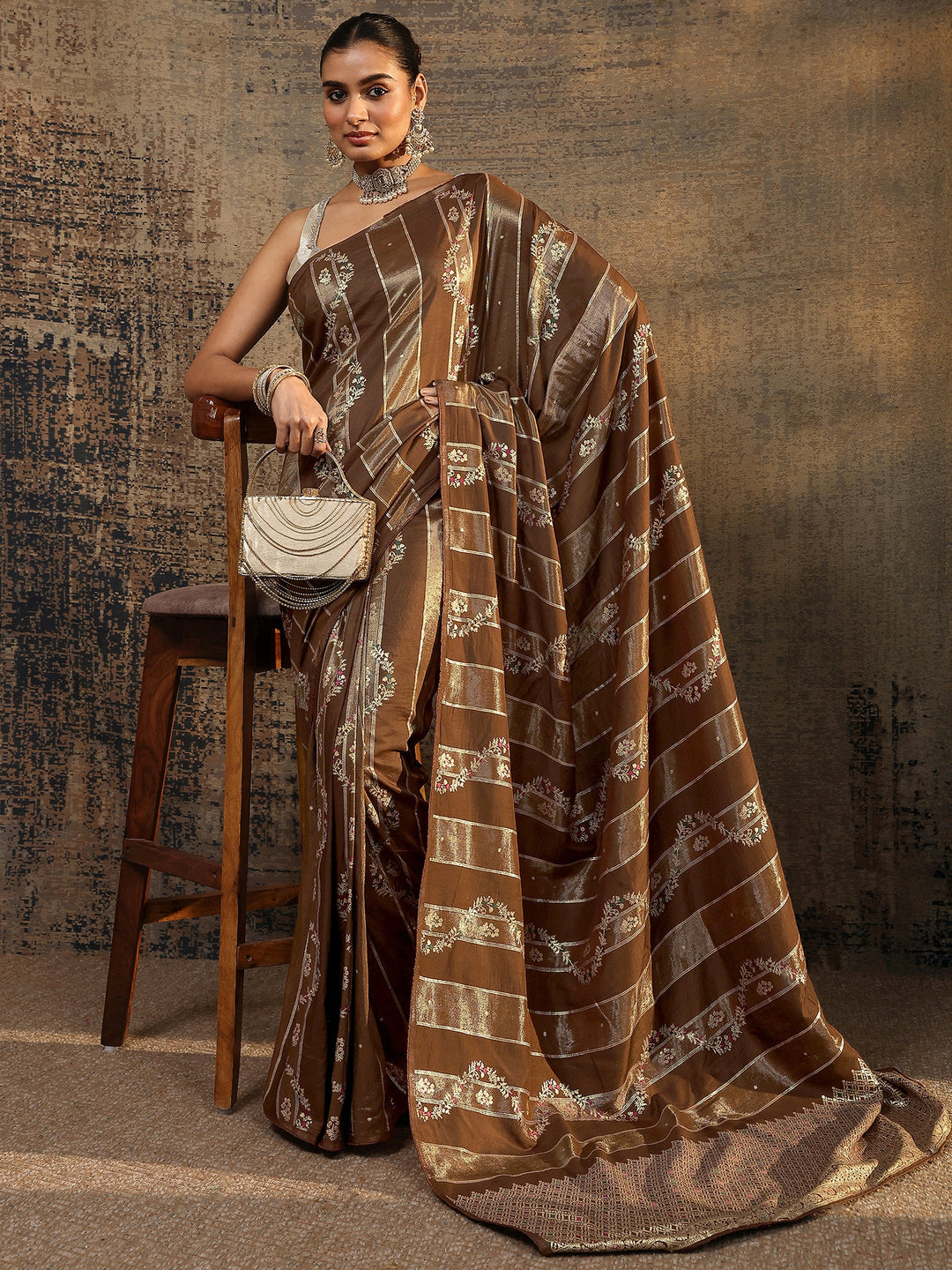 Brown Woven Design Silk Blend Saree With Unstitched Blouse Piece