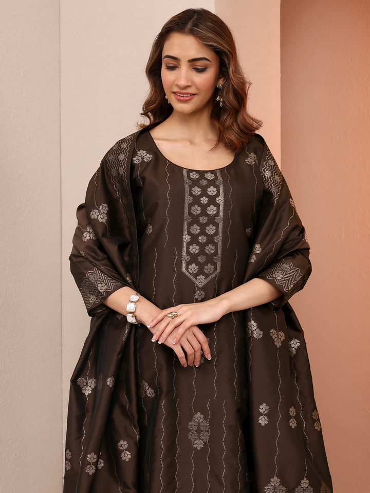 Brown Woven Design Silk Blend Straight Suit Set With Dupatta