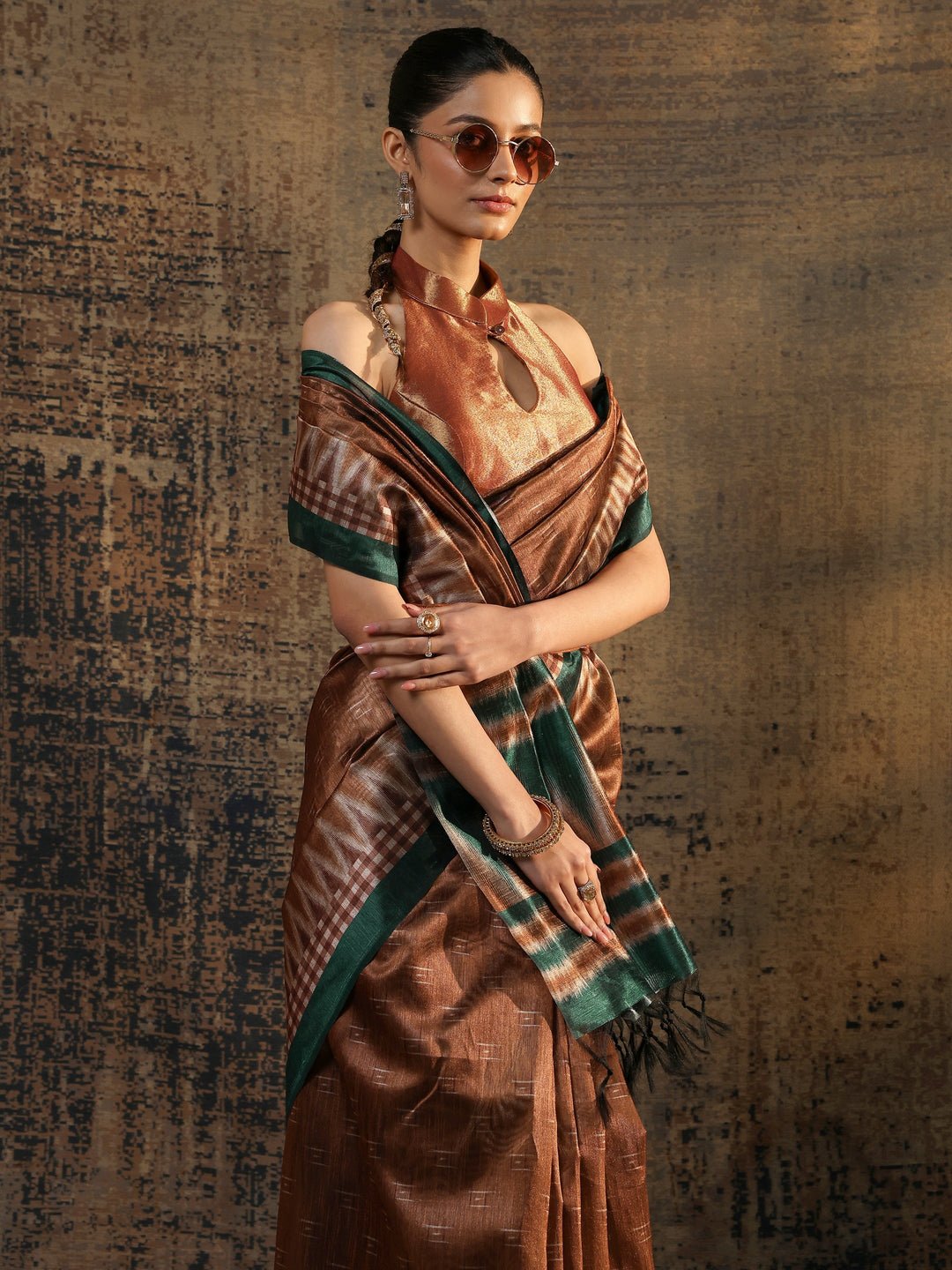 Brown Woven Design Silk Saree With Unstitched Blouse Piece