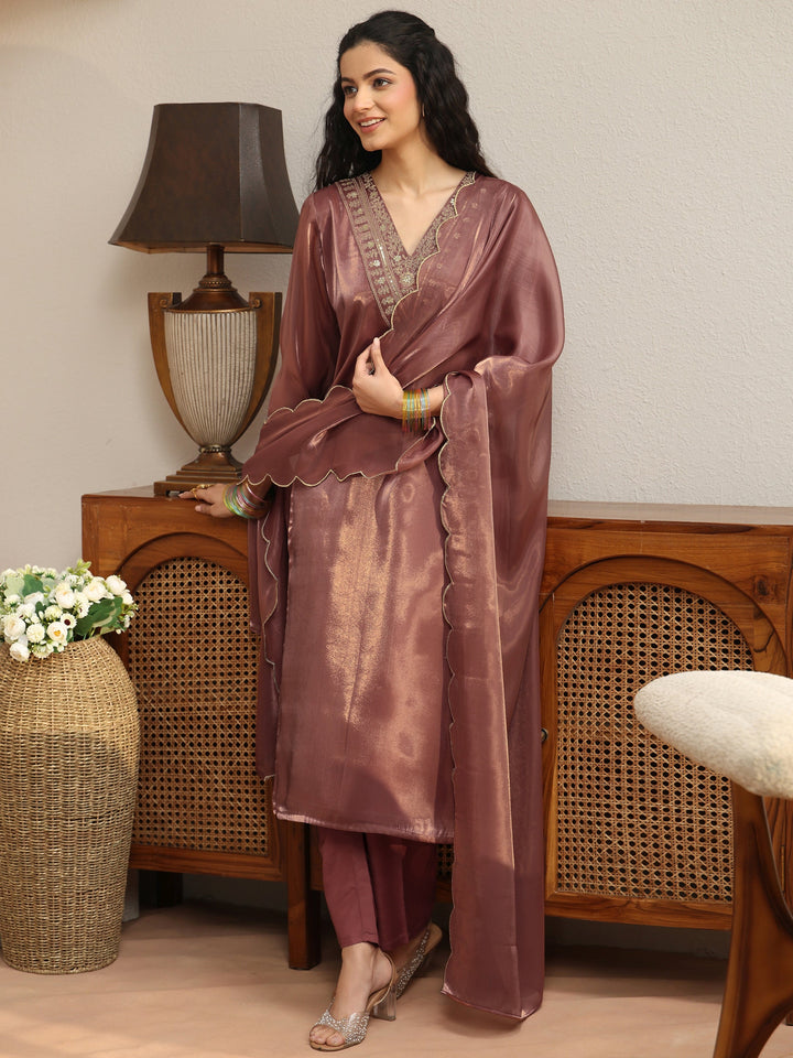 Brown Yoke Design Tissue Straight Suit Set