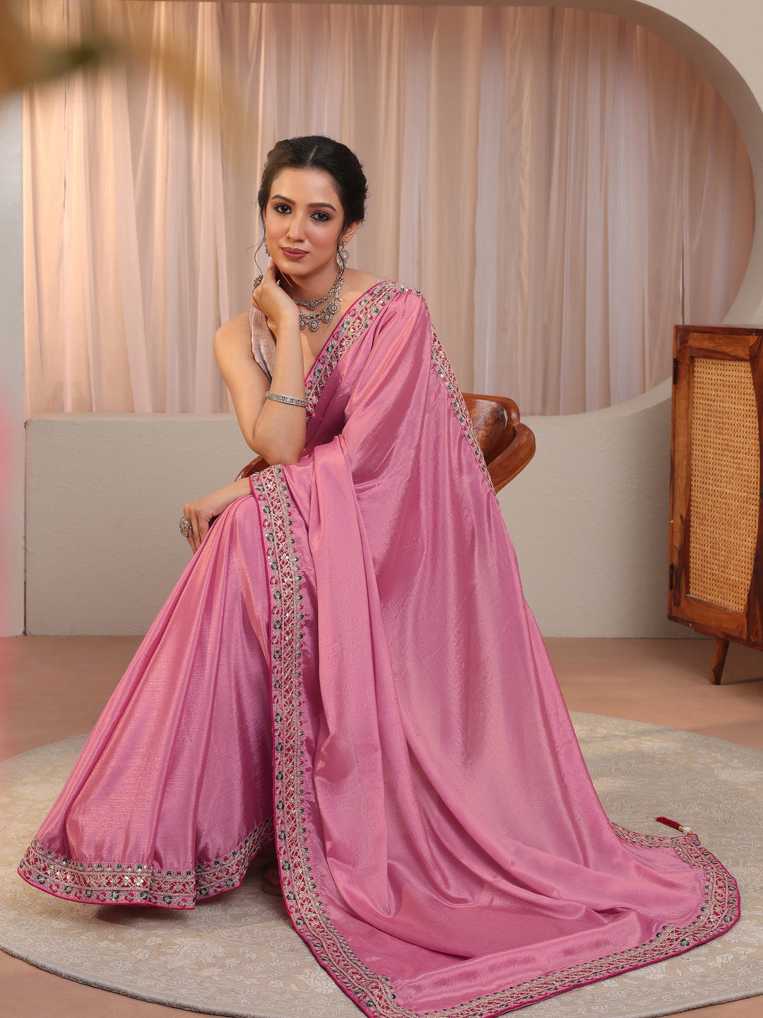 Bubblegum Pink Embroidered Border Chiffon Saree