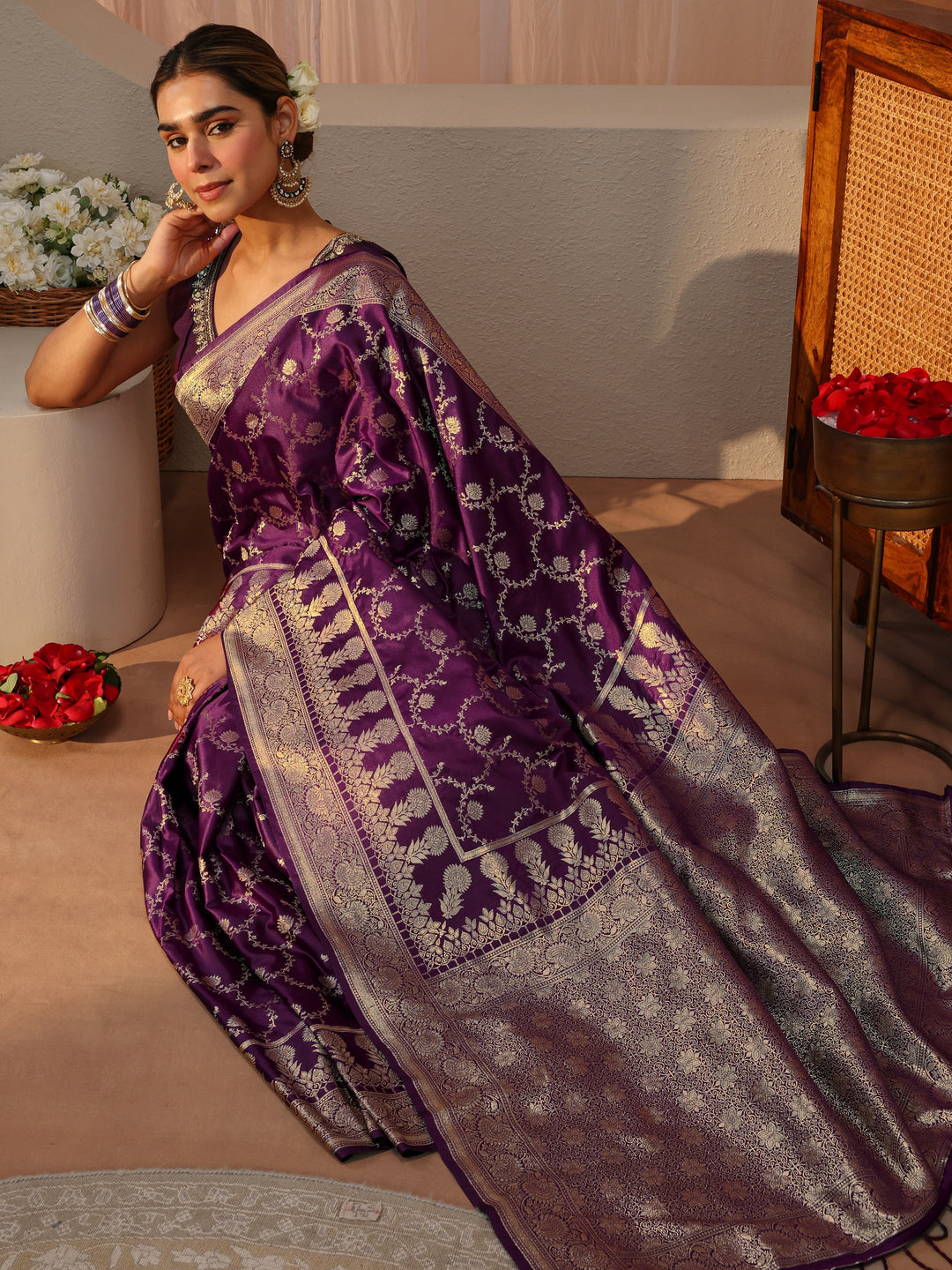 Burgundy Banarasi Silk Blend Saree