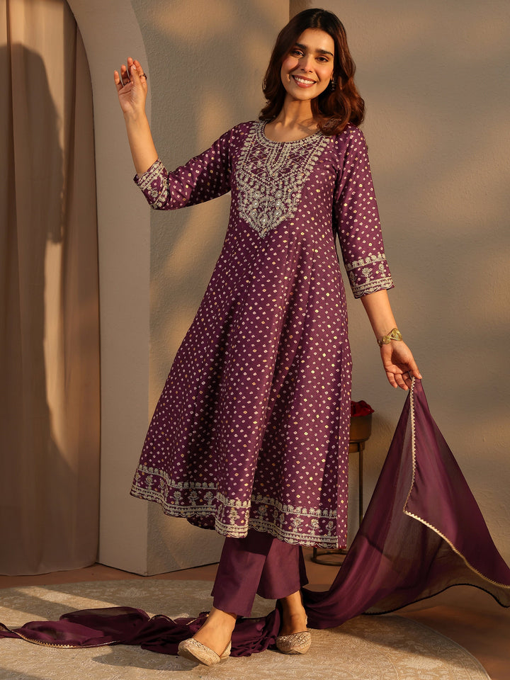 Burgundy Bandhani Printed Silk Blend A-Line Suit Set With Dupatta