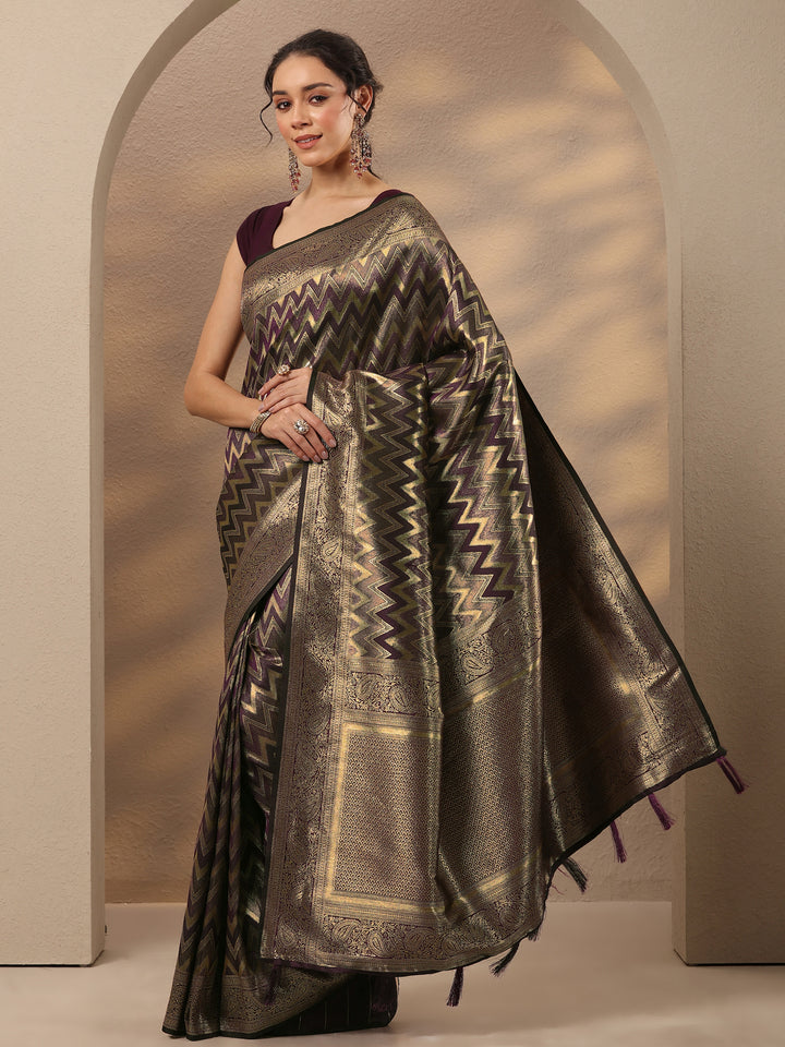 Burgundy Chevron Woven Design Silk Blend Saree With Unstitched Blouse Piece