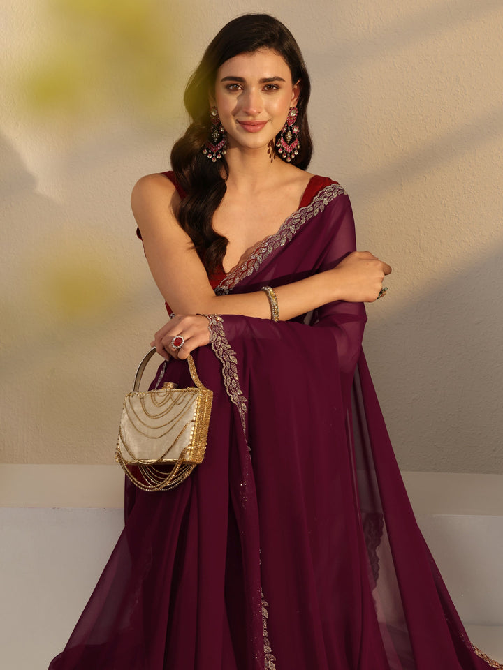 Libas Burgundy Embellished Border Georgette Saree With Unstitched Blouse Piece