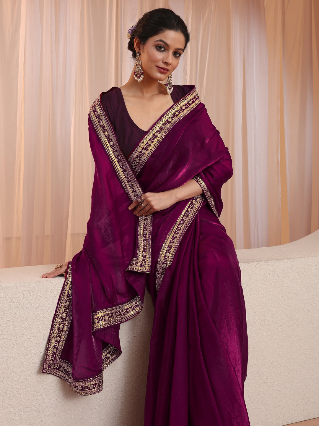 Burgundy Embellished Border Tissue Saree
