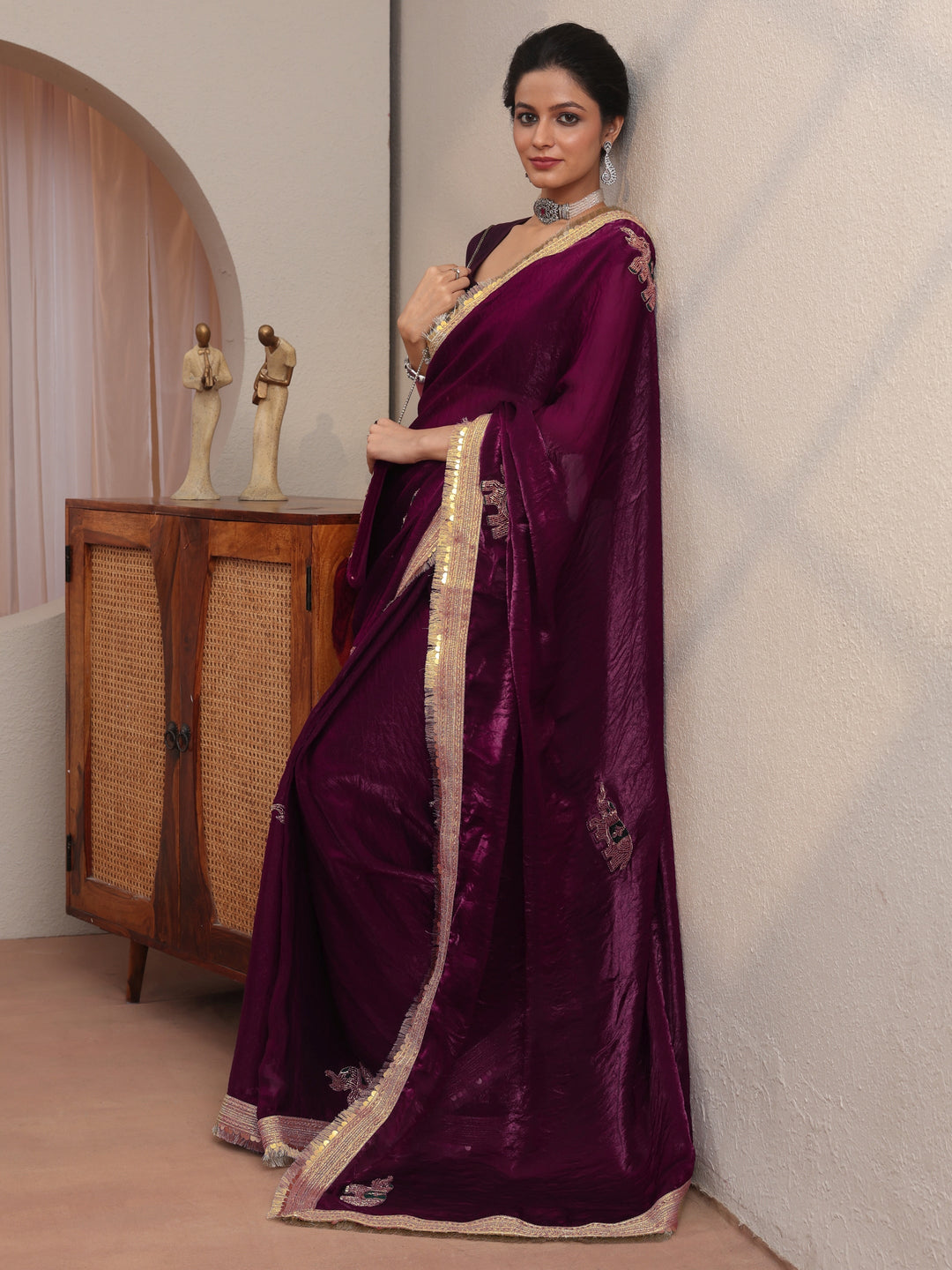 Burgundy Embellished Elephant Motif Tissue Saree