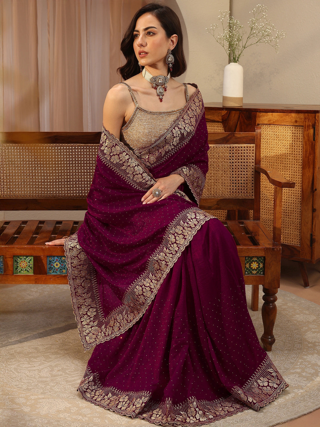 Burgundy Embellished Silk Blend Saree