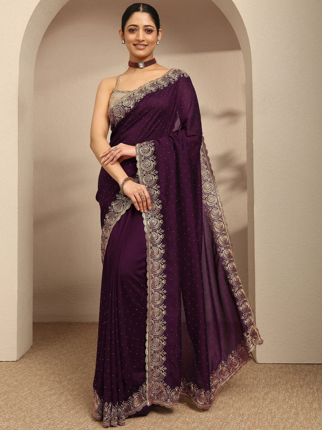 Burgundy Embellished Silk Blend Saree With Unstitched Blouse Piece