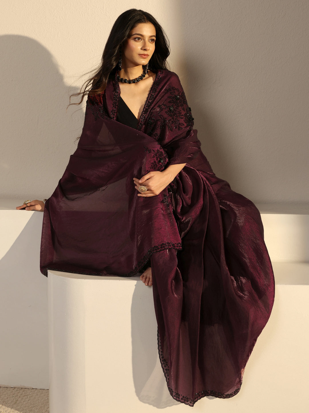 Libas Burgundy Embellished Tissue Saree With Unstiched Blouse Piece