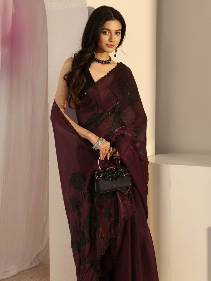 Libas Burgundy Embellished Tissue Saree With Unstiched Blouse Piece