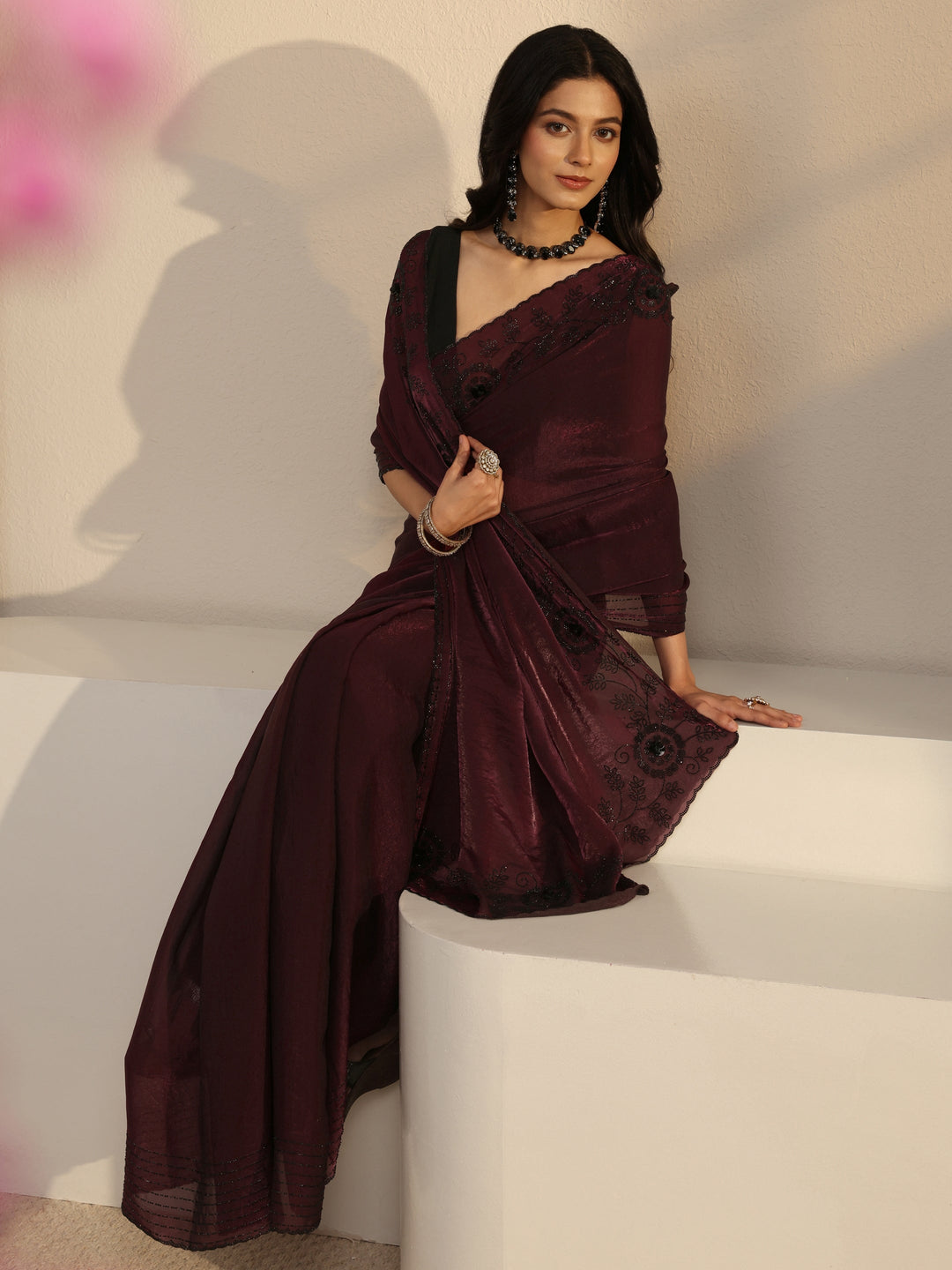 Libas Burgundy Embellished Tissue Saree With Unstiched Blouse Piece