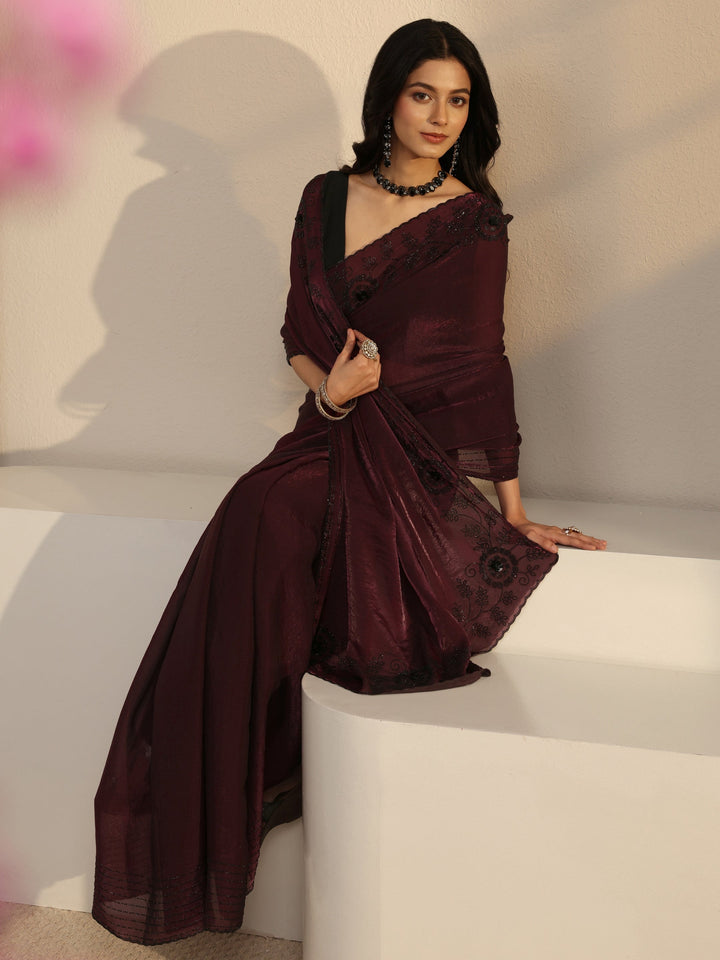 Libas Burgundy Embellished Tissue Saree With Unstiched Blouse Piece