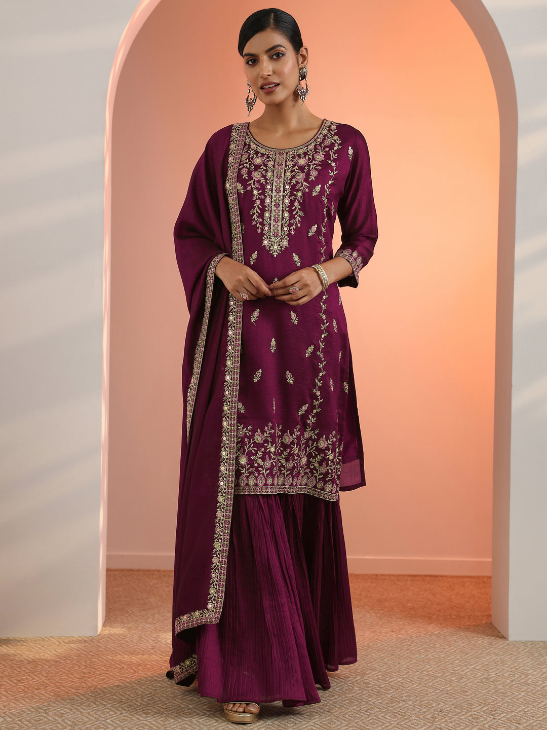 Burgundy Embroidered Chinon Straight Suit Set With Dupatta