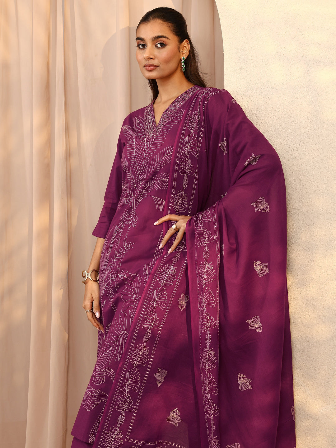 Burgundy Embroidered Cotton Straight Suit Set With Dupatta
