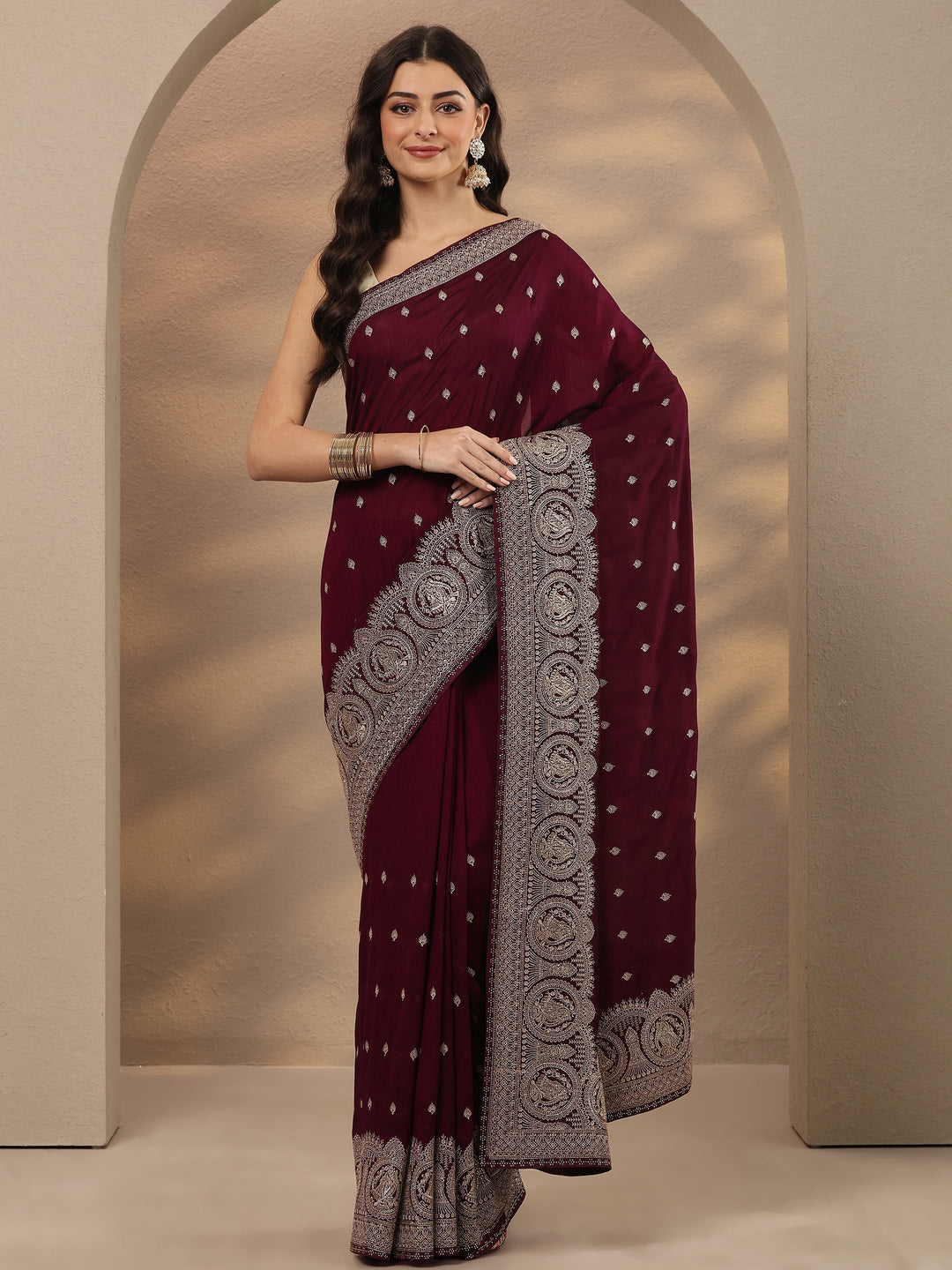 Burgundy Embroidered Georgette Saree With Unstitched Blouse Piece