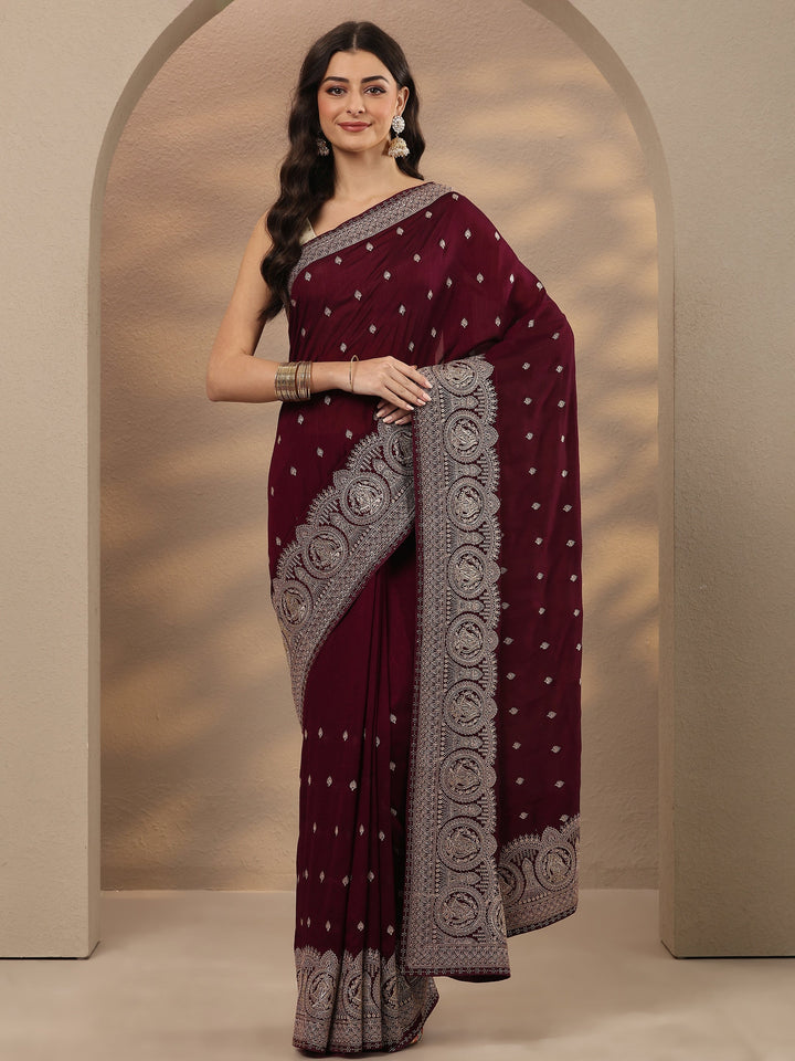 Burgundy Embroidered Georgette Saree With Unstitched Blouse Piece