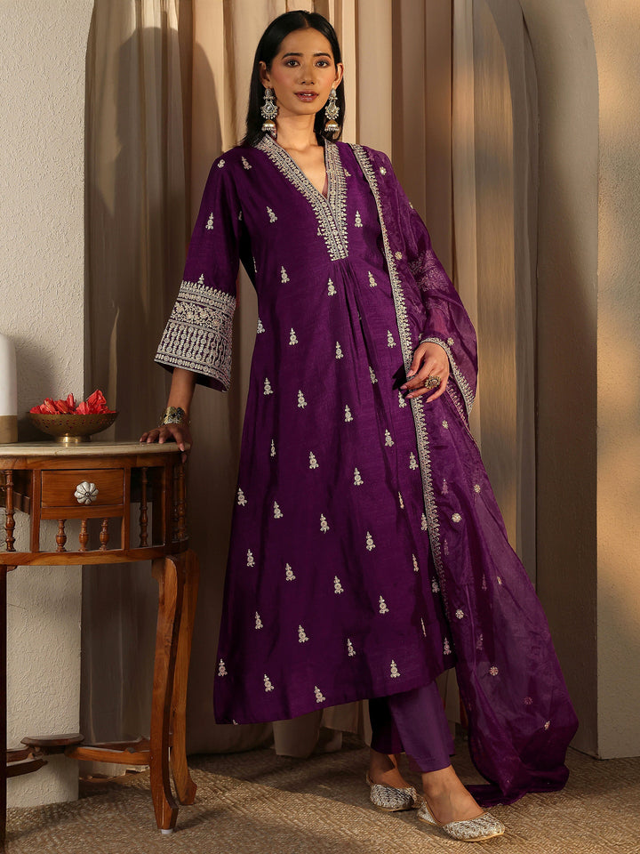 Burgundy Embroidered Silk Blend A-Line Suit Set With Dupatta