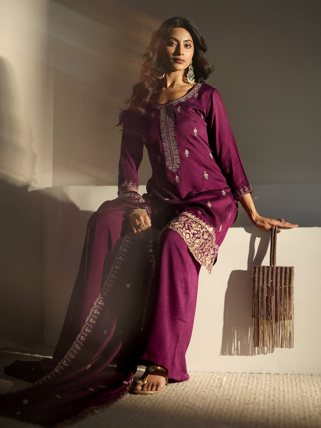 Burgundy Embroidered Silk Blend Palazzo Suit Set With Dupatta