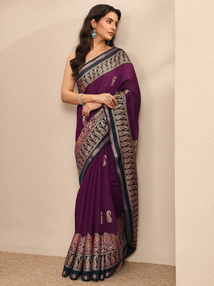 Burgundy Embroidered Silk Blend Saree With Unstitched Blouse Piece