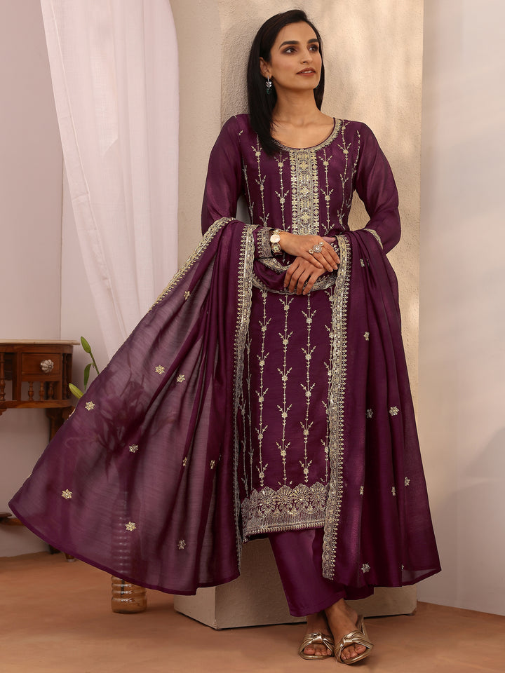 Burgundy Embroidered Silk blend Straight Suit Set With Dupatta