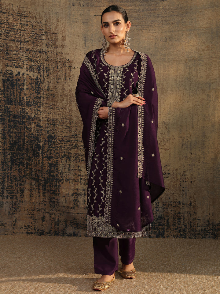 Burgundy Embroidered Silk Blend Straight Suit Set With Dupatta
