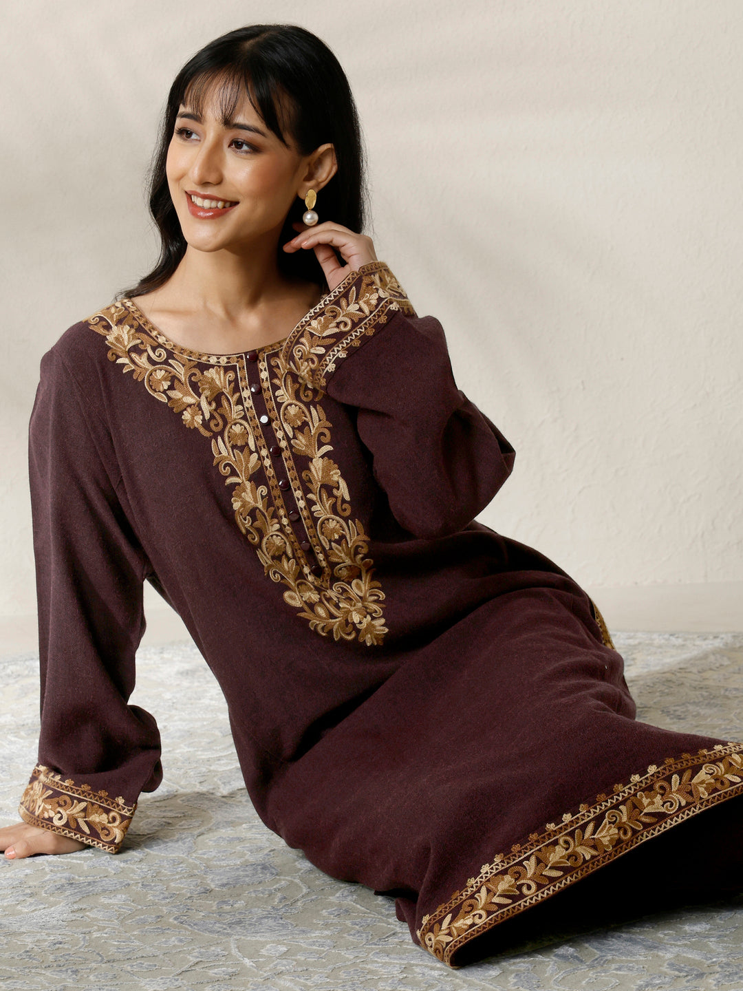 Burgundy Embroidered Wool Straight Kurta