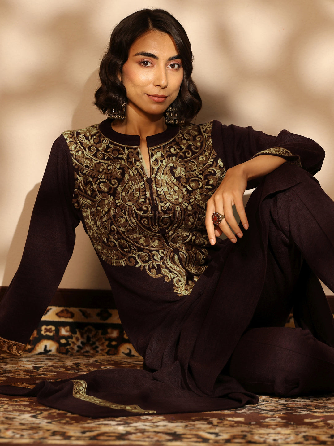 Burgundy Embroidered Wool Straight Suit Set With Dupatta