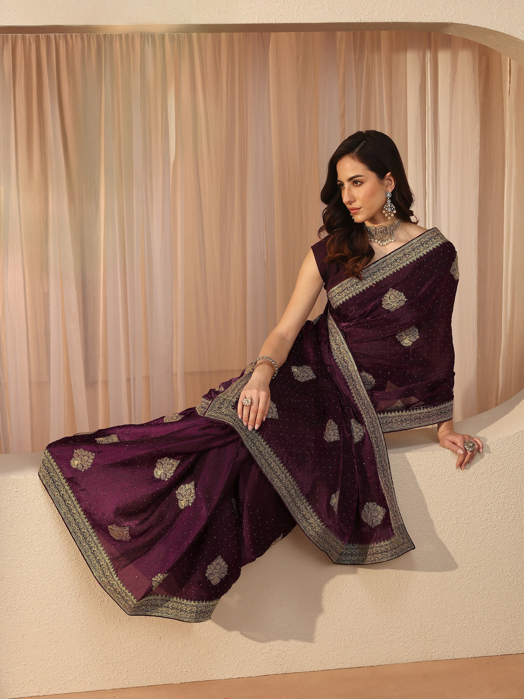 Burgundy Ethnic Embellished Tissue Saree