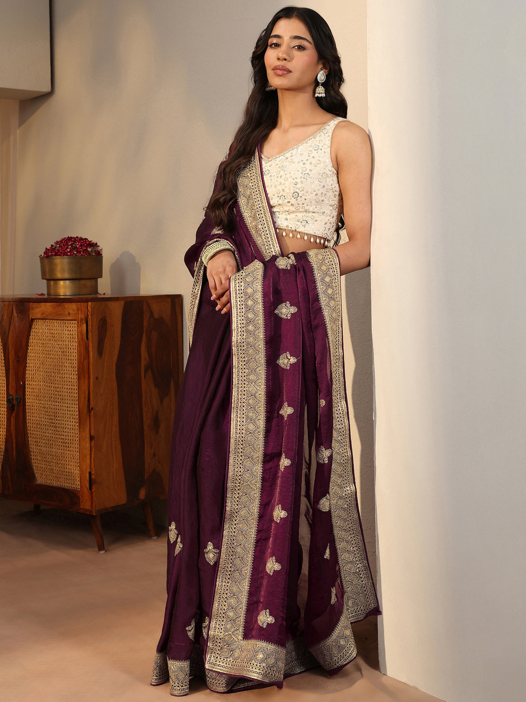 Burgundy Ethnic Embroidered Tissue Saree