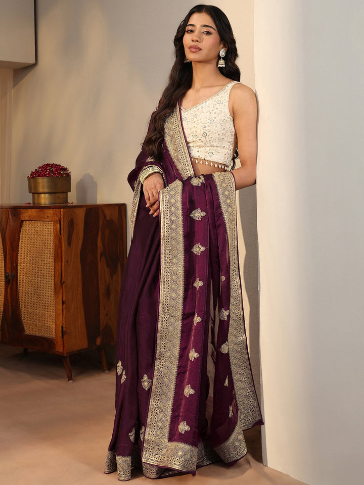Burgundy Ethnic Embroidered Tissue Saree