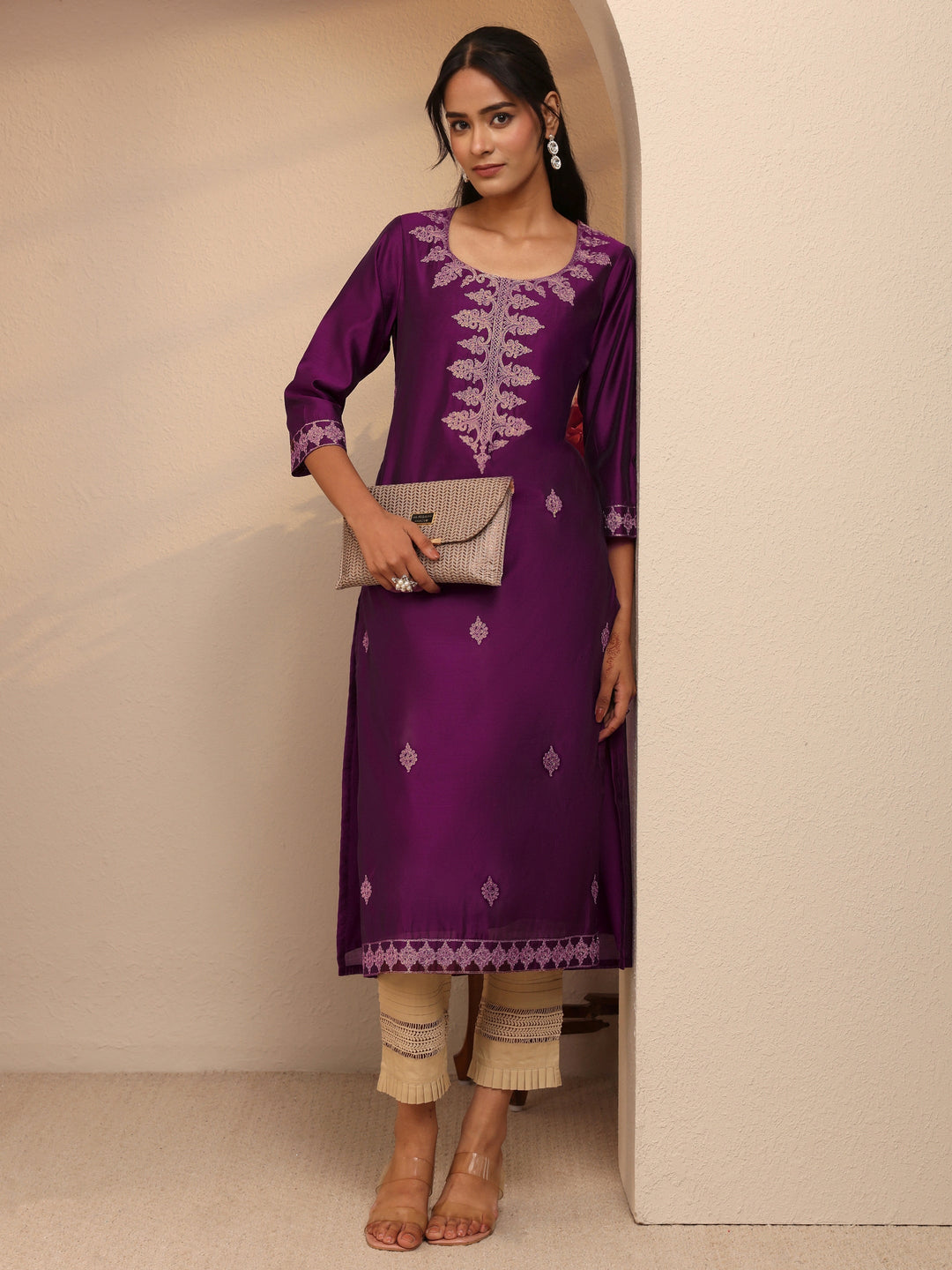 Burgundy Ethnic Embroidered Silk Blend Straight Kurta