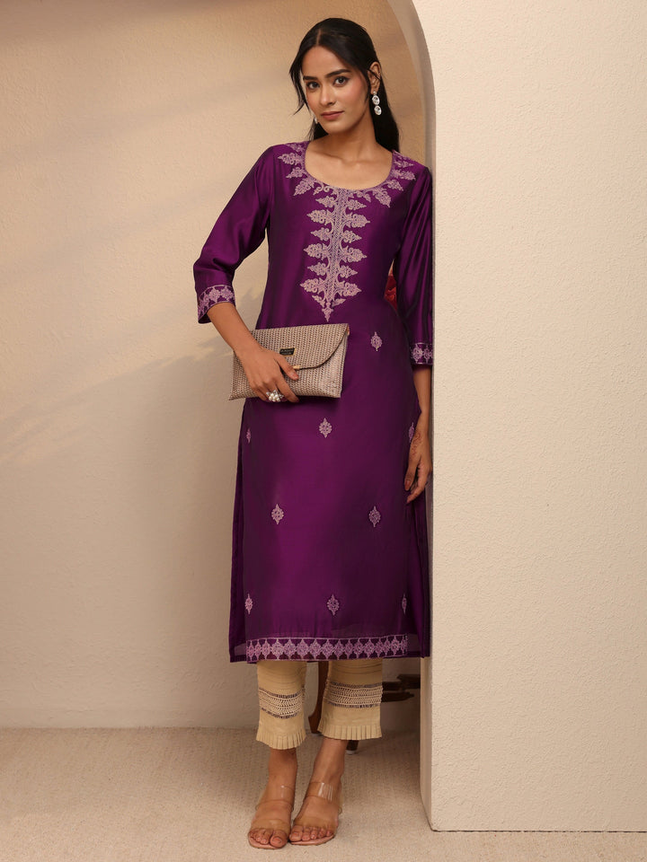 Libas Burgundy Ethnic Embroidered Silk Blend Straight Kurta