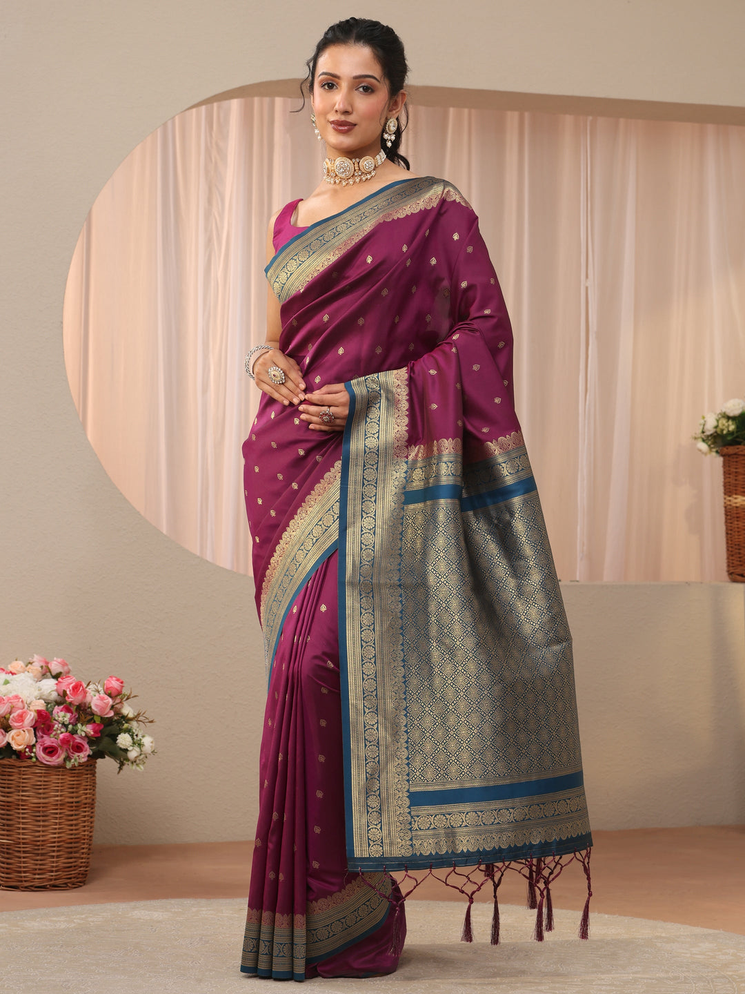 Burgundy Ethnic Motif Self Design Silk Blend Saree