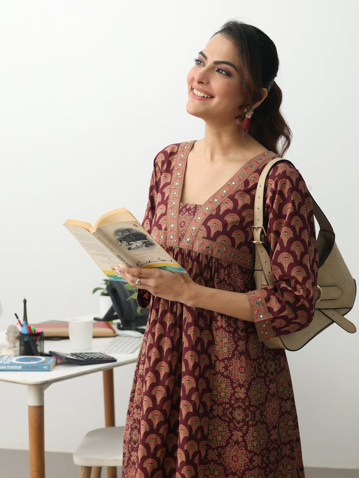 Burgundy Ethnic Motifs Printed Cotton Blend A-Line Kurta Set