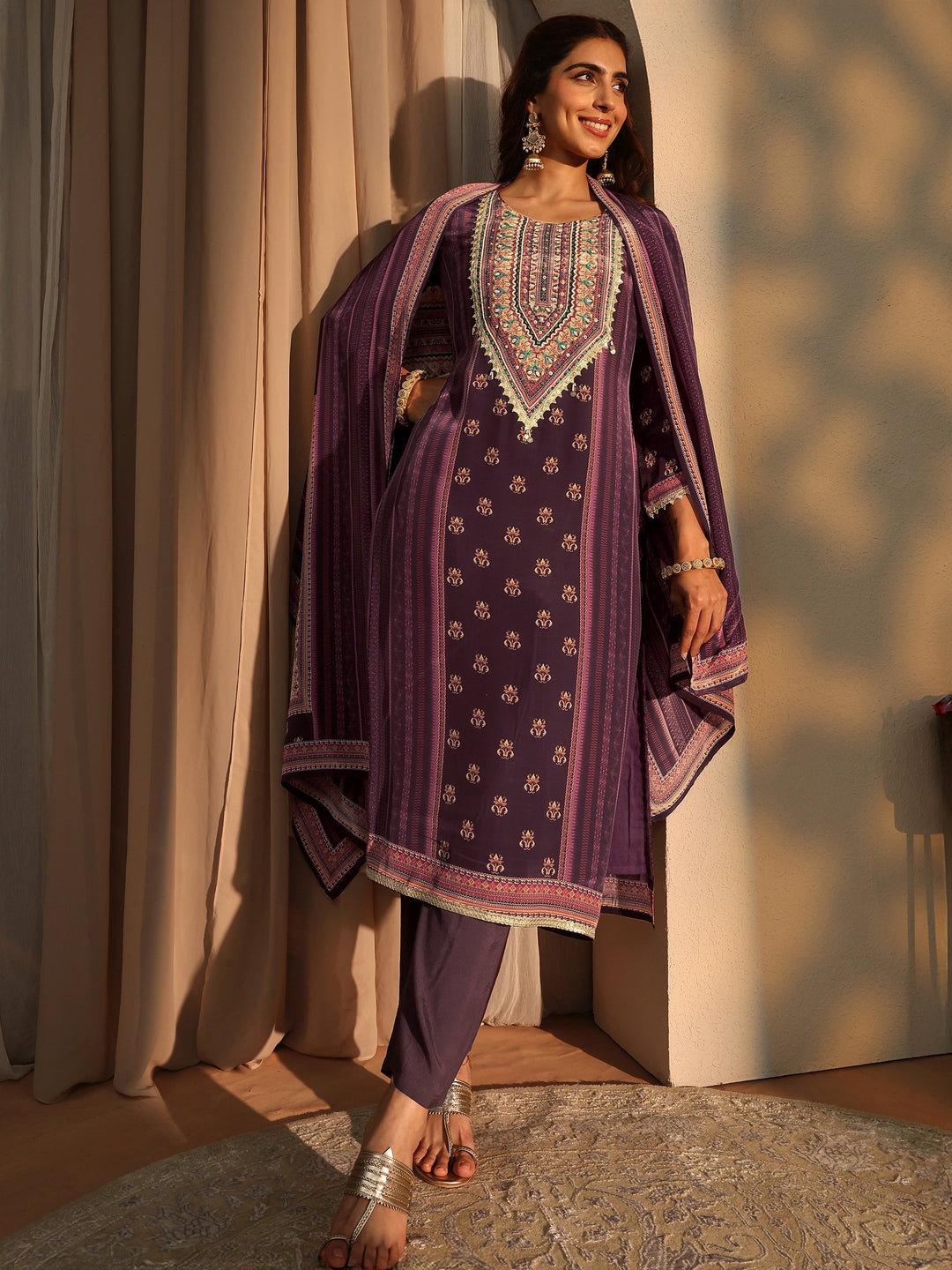 Burgundy Ethnic Motifs Printed Silk Crepe Straight Suit Set With Dupatta
