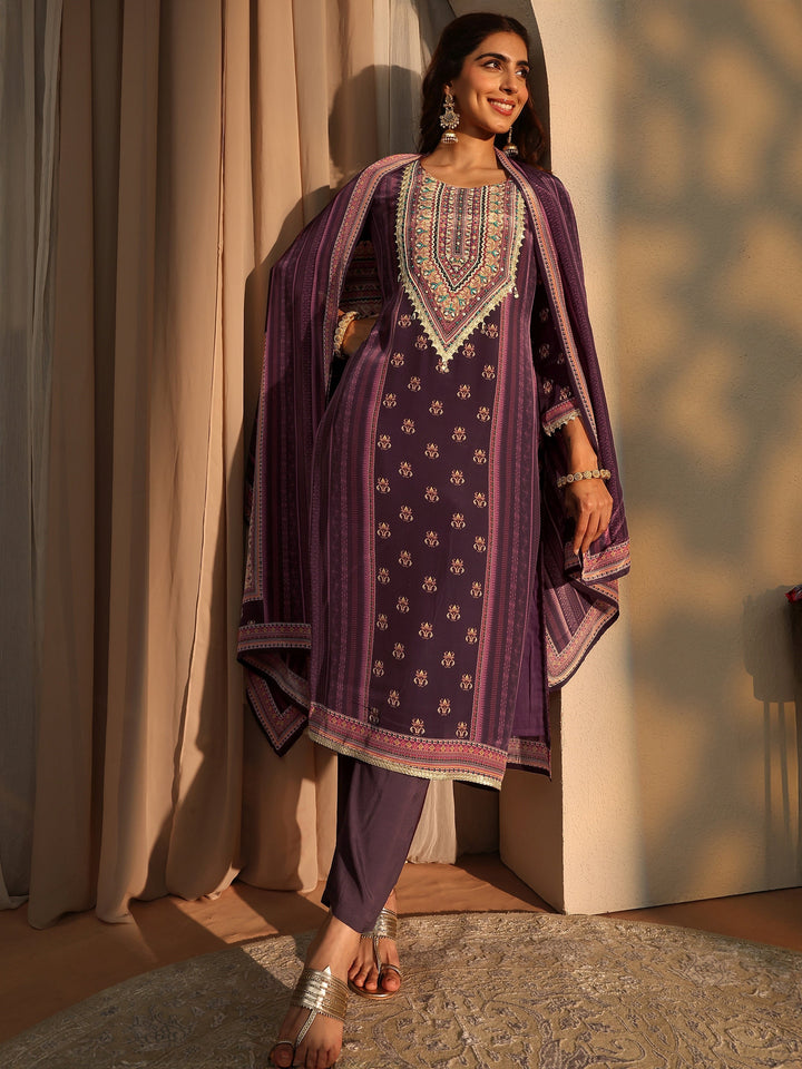 Burgundy Ethnic Motifs Printed Silk Crepe Straight Suit Set With Dupatta