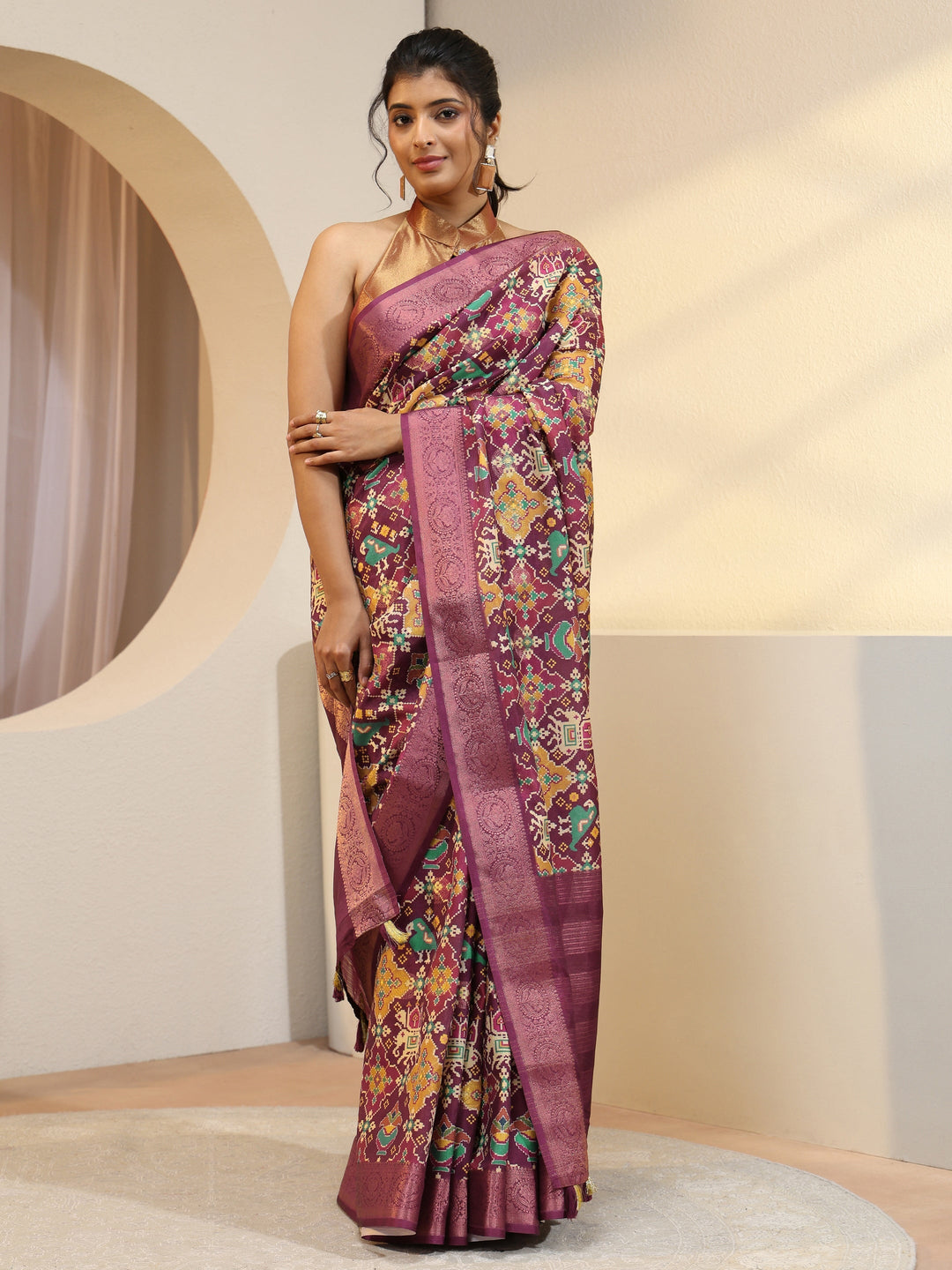 Burgundy Ethnic Print Silk Blend Patola Saree