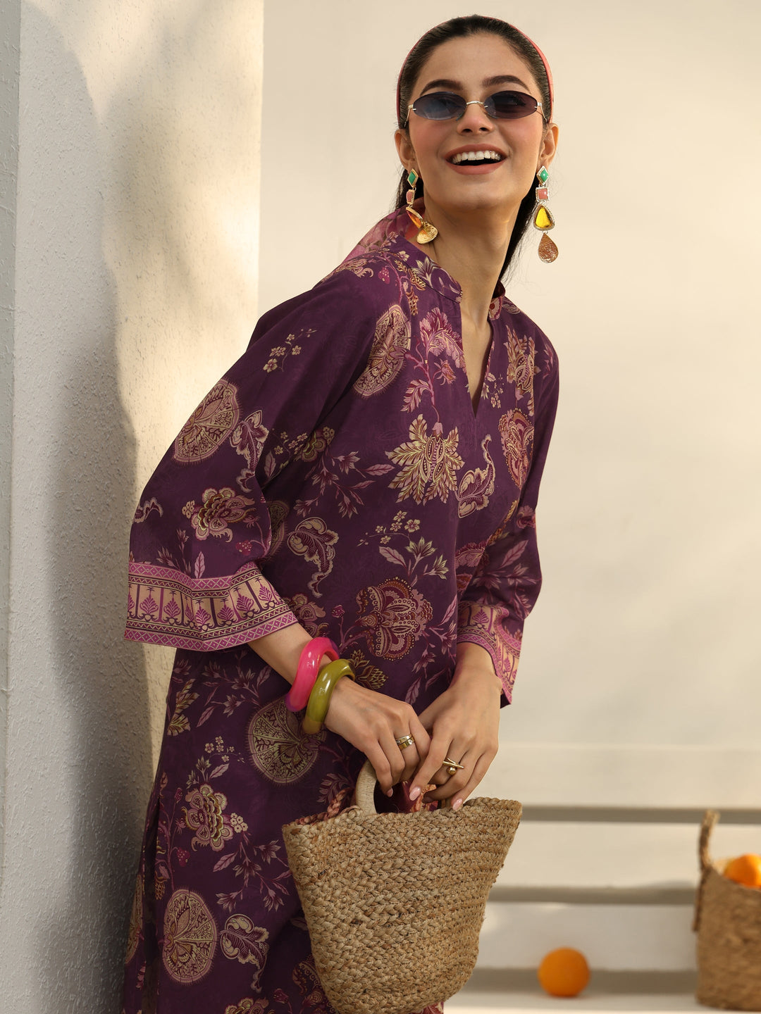 Burgundy Ethnic Printed Cotton Blend Co-Ord Set