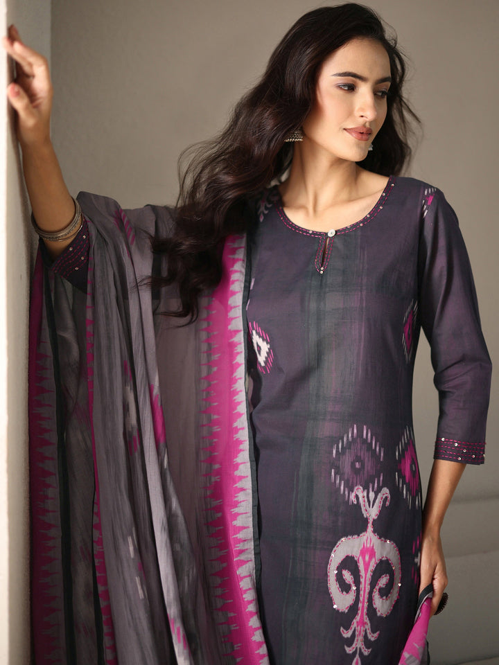 Burgundy Ethnic Printed Cotton Blend Straight Suit Set With Dupatta