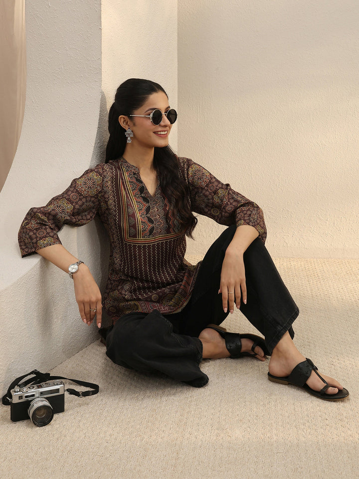 Burgundy Ethnic Printed Silk Blend Straight Short Kurti
