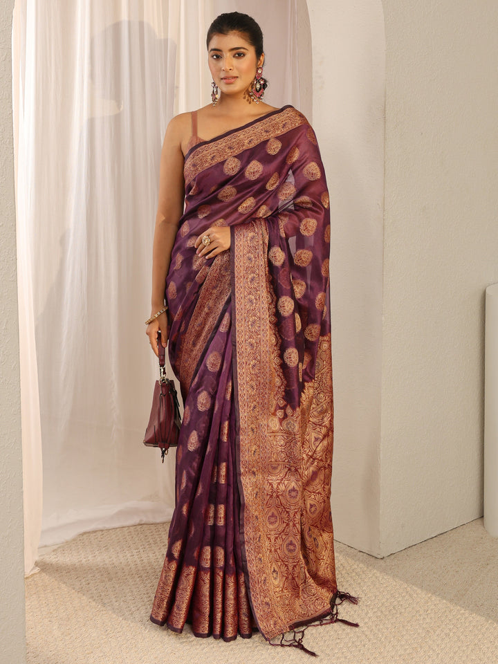 Burgundy Ethnic Woven Design Silk Blend Saree With Unstitched Blouse Piece