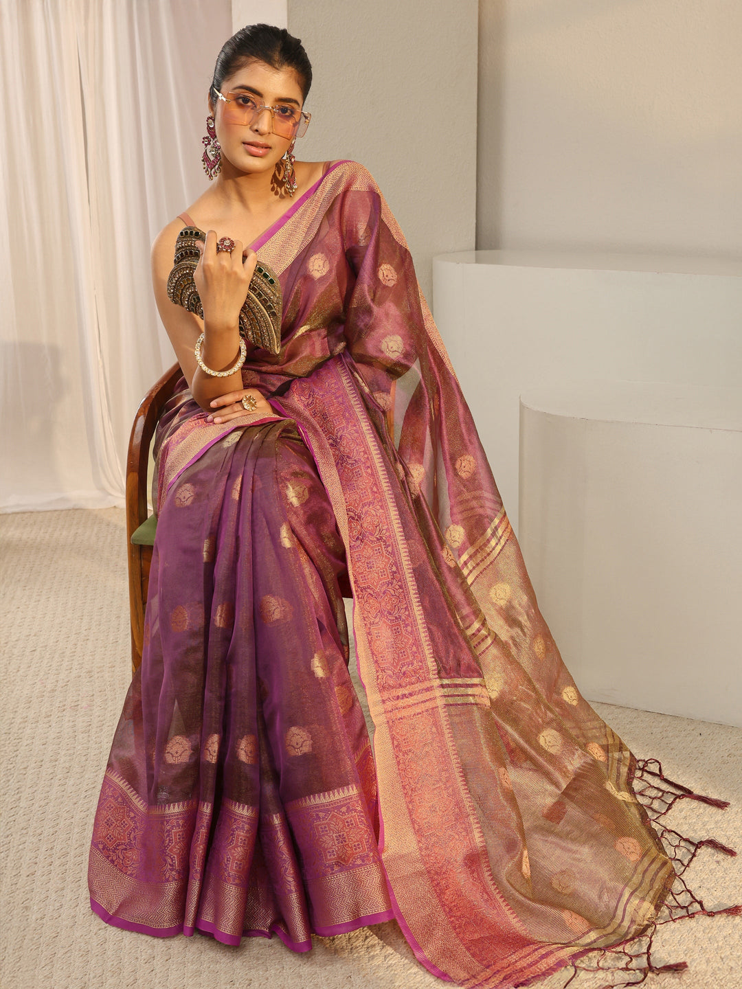 Libas Burgundy Jacquard Woven Design Silk Blend Saree